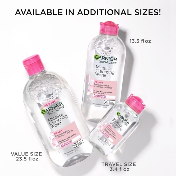 Garnier Micellar Cleansing Water, All-in-1 Makeup Remover and Facial Cleanser, For All Skin Types, 3.4 Fl Oz (100mL), 1 Count (Packaging May Vary)