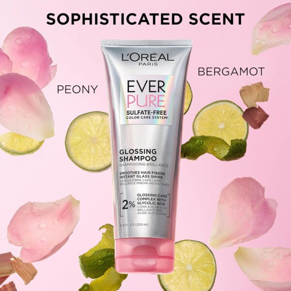 L'Oreal Paris Glossing Sulfate Free Shampoo with Glycolic Acid, Hair Care for Lasting Shine and Smoothness for Dull, Dry Hair, EverPure, 6.8 Fl Oz
