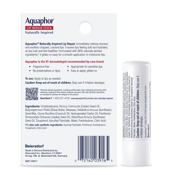 Aquaphor Naturally Inspired Lip Repair Stick with Coconut Oil and Natural Shea Butter, Hydrating Lip Balm Stick Immediately Relieves Dryness and Soothes Chapped Lips, 0.17 Oz Stick, Pack of 3
