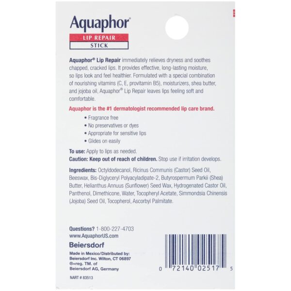 Aquaphor Lip Repair Stick (2 x 0.17 Oz) + Lip Repair and Protect Stick with Sunscreen SPF 30 (2 x 0.17 Oz), Relieves Dryness