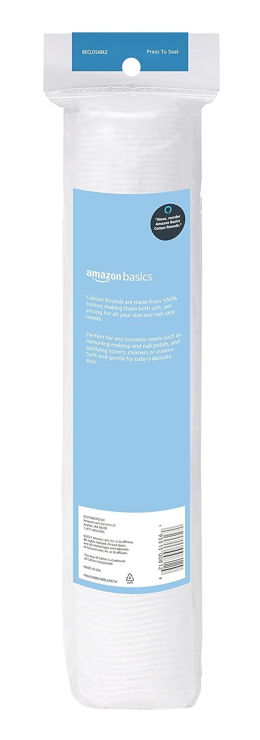 Amazon Basics Hypoallergenic 100% Cotton Rounds for Makeup Removal and Skincare, 600 Count, 6 Packs of 100 Count