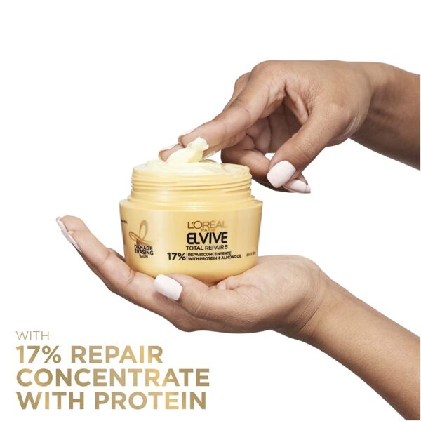 L'Oreal Paris Hair Care Elvive Total Repair 5 Damage Erasing Balm, Conditioning Hair Mask for Damaged Hair, with Almond and Protein, 8.5 fl; oz, (Pack of 2)