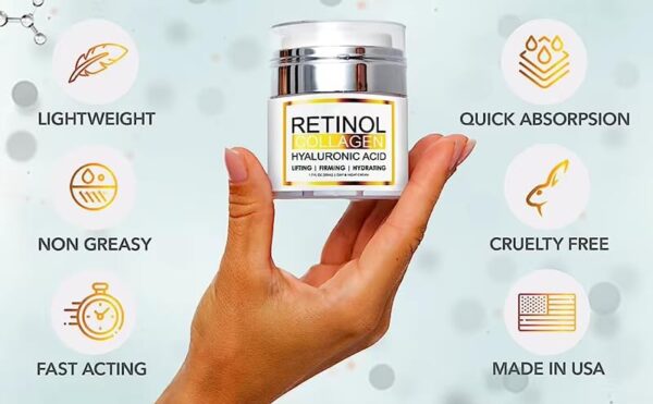 Organic Vitamin C E Facial Moisturizer with Hyaluronic Acid Retinol Collagen Cream Wrinkle Anti Fine Line Reducing Cream Anti-Aging Face Moisturizer for, Neck & Décolleté-Made in USA, 50Ml