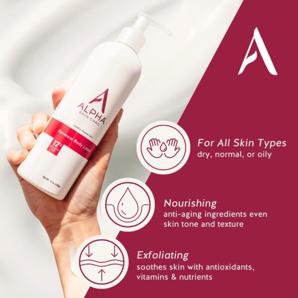 Alpha Skin Care Revitalizing Body Lotion, 12% Glycolic AHA, Simple & Effective Daily Moisturizer with Alpha Hydroxy Acid, Hydrates & Exfoliates for Soft, Smooth Skin, Anti-Aging, 12 Oz