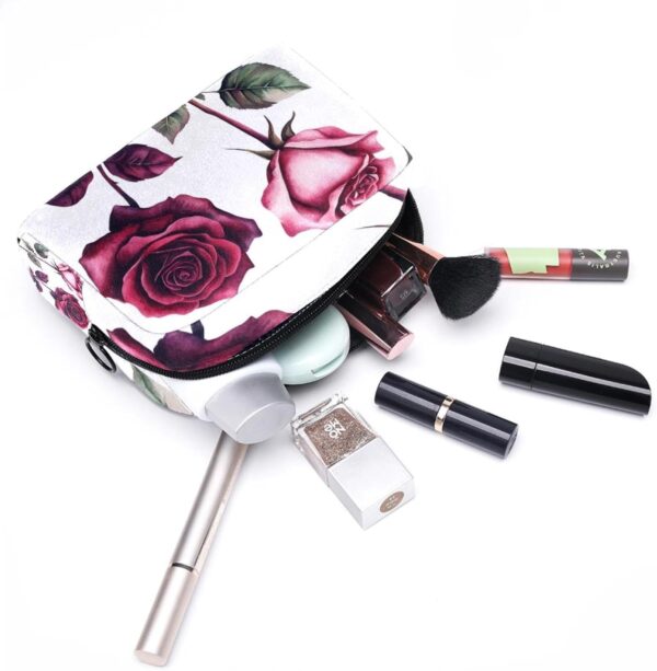 Travel Makeup Bag for Women, Pink and Burgundy Roses on White Background Travel Cosmetic Bag Pencil Case Portable Makeup Pouch Toiletry Bag for Girls