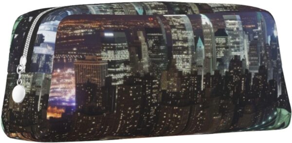 New York Night Makeup Bag for Women Men Pencil Pouch Travel Small Cosmetic Bag Zippered Toiletry Bags Aesthetic Pen Bags Trendy Storage Bags Leather Coin Pouch Purse
