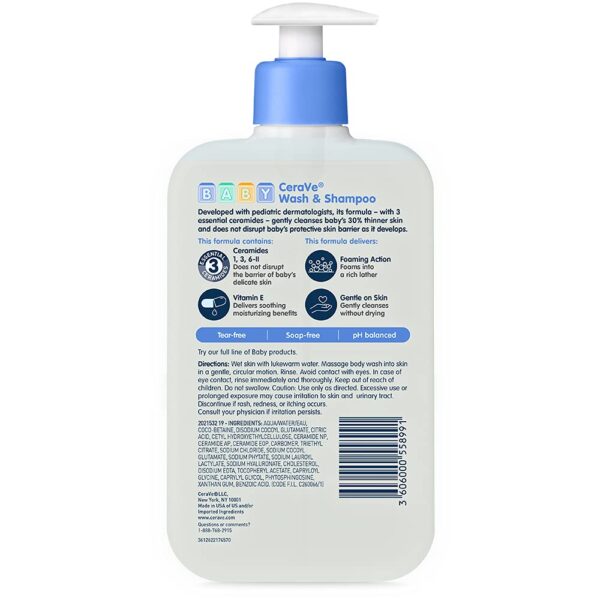 CeraVe Baby Wash & Shampoo, 2-in-1 Tear-Free for Skin Hair Fragrance, Paraben, Dye, Phthalates Sulfate Free Bath, Soap with Vitamin E 16 Ounce
