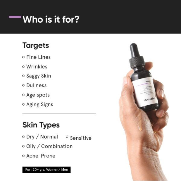 Minimalist 0.3% Retinol Serum with Bakuchiol Oil For Anti Aging | Night Face Serum With Squalane Base & Coenzyme Q10 To Reduce Fine Lines & Wrinkles | For Women & Men | 1 Fl Oz / 30 ml