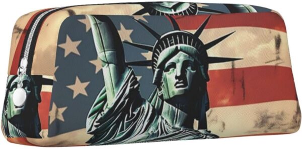 Statue Liberty American Flag Makeup Bag for Women Men Pencil Pouch Travel Small Cosmetic Bag Zippered Toiletry Bags Aesthetic Pen Bags Trendy Storage Bags Leather Coin Pouch Purse