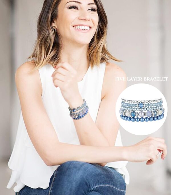 Noessla Beaded Pearl Stretch Bracelet Silver Stackable Crystal Beads Bracelets Trendy Costume Jewelry Mothers Day Gifts for Women