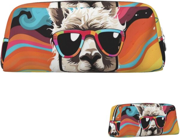 Alpaca wearing sunglasses Makeup Bag for Women Men Pencil Pouch Travel Small Cosmetic Bag Zippered Toiletry Bags Aesthetic Pen Bags Trendy Storage Bags Leather Coin Pouch Purse