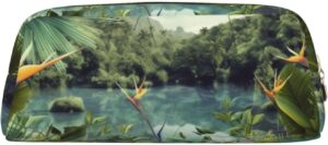 Tropical Landscape Makeup Bag for Women Men Pencil Pouch Travel Small Cosmetic Bag Zippered Toiletry Bags Aesthetic Pen Bags Trendy Storage Bags Leather Coin Pouch Purse