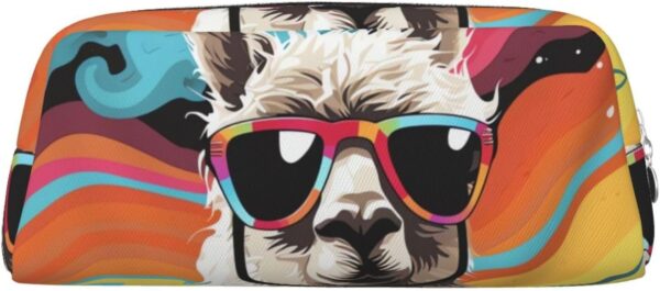 Alpaca wearing sunglasses Makeup Bag for Women Men Pencil Pouch Travel Small Cosmetic Bag Zippered Toiletry Bags Aesthetic Pen Bags Trendy Storage Bags Leather Coin Pouch Purse