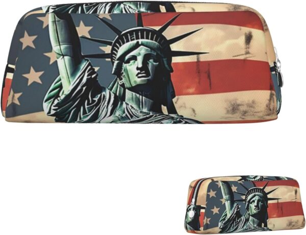 Statue Liberty American Flag Makeup Bag for Women Men Pencil Pouch Travel Small Cosmetic Bag Zippered Toiletry Bags Aesthetic Pen Bags Trendy Storage Bags Leather Coin Pouch Purse
