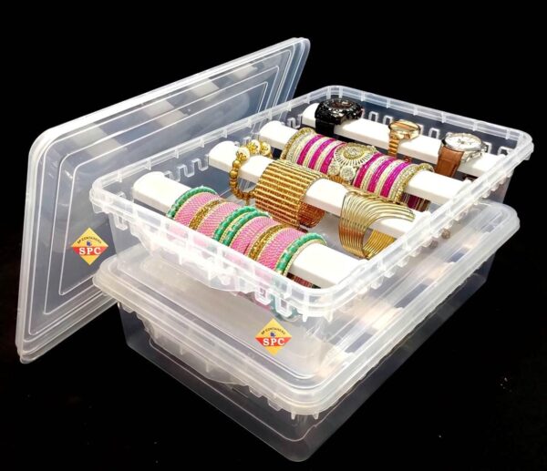 Plastic adjustable 4 rod Bangle Box Chudi Set Organizer Jewellery Storage Display Box for Bangles Chudi Bracelet Wrist Watch Hair Bands Scrunchies Accessories, Transparent (2)
