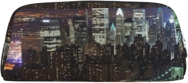 New York Night Makeup Bag for Women Men Pencil Pouch Travel Small Cosmetic Bag Zippered Toiletry Bags Aesthetic Pen Bags Trendy Storage Bags Leather Coin Pouch Purse
