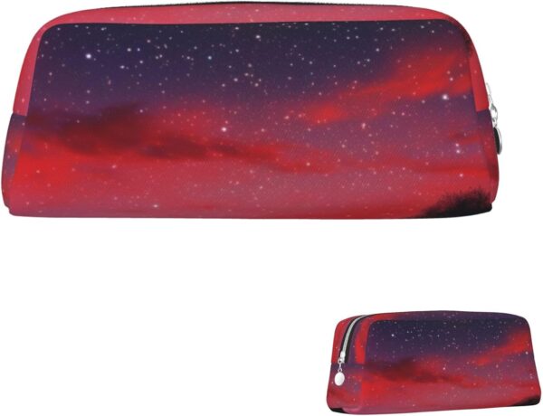 Red Sky at Night Starry Makeup Bag for Women Men Pencil Pouch Travel Small Cosmetic Bag Zippered Toiletry Bags Aesthetic Pen Bags Trendy Storage Bags Leather Coin Pouch Purse