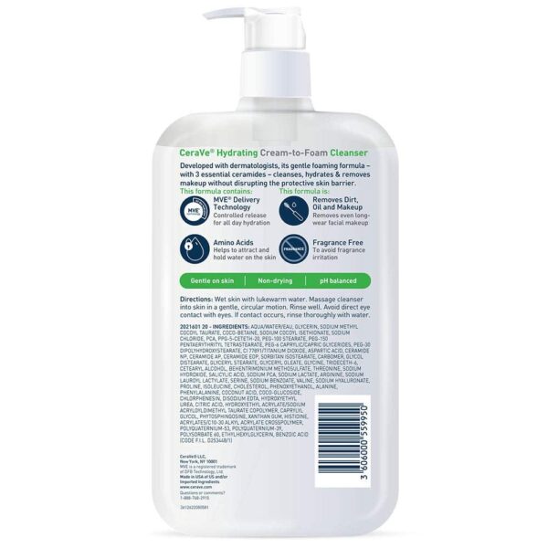 CeraVe Hydrating Cream To Foam Cleanser, Makeup Remover Face Wash For Dry Skin, Foaming Facial Cleanser With Hyaluronic Acid, Normal To Dry Skin, Fragrance Free & Non Comedogenic, 19 Fluid Ounce