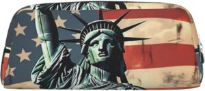 Statue Liberty American Flag Makeup Bag for Women Men Pencil Pouch Travel Small Cosmetic Bag Zippered Toiletry Bags Aesthetic Pen Bags Trendy Storage Bags Leather Coin Pouch Purse