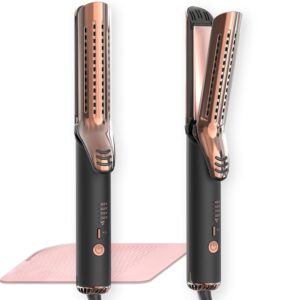 Upgraded 360° Airflow Styler Curling Iron - Keratin Hair Straightener and Curler 2 in 1, 1.5 Inch Titanium Ionic Curling Iron for Lasting Curls, 4 Temps, Dual Voltage for International Travel