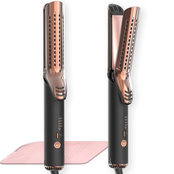 Upgraded 360° Airflow Styler Curling Iron - Keratin Hair Straightener and Curler 2 in 1, 1.5 Inch Titanium Ionic Curling Iron for Lasting Curls, 4 Temps, Dual Voltage for International Travel