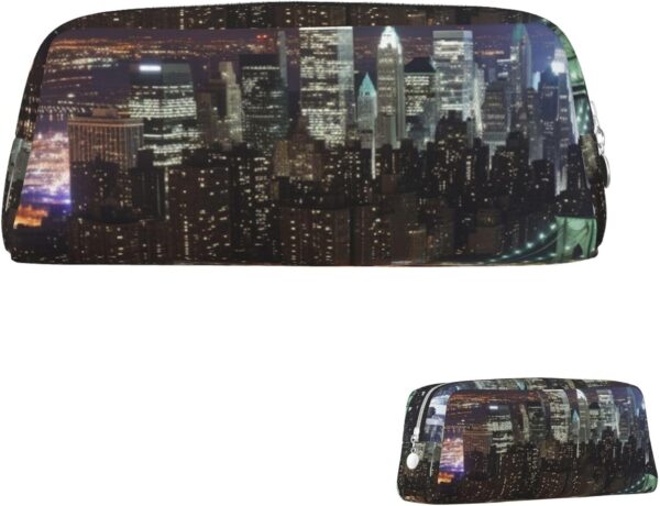 New York Night Makeup Bag for Women Men Pencil Pouch Travel Small Cosmetic Bag Zippered Toiletry Bags Aesthetic Pen Bags Trendy Storage Bags Leather Coin Pouch Purse