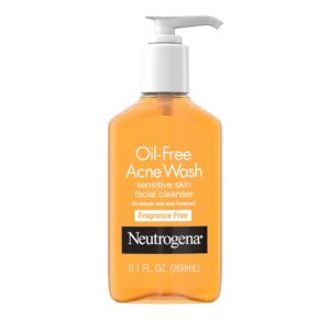 Neutrogena Oil-Free Acne Face Wash, Sensitive Skin Facial Cleanser with 2% Salicylic Acid Acne Treatment, Daily Fragrance Free Face Wash for Acne Prone Skin, 9.1 fl oz