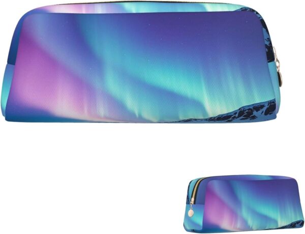 Northern Lights Makeup Bag for Women Men Pencil Pouch Travel Small Cosmetic Bag Zippered Toiletry Bags Aesthetic Pen Bags Trendy Storage Bags Leather Coin Pouch Purse