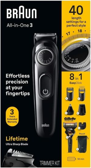 Braun All-in-One Style Kit Series 3 3470, 8-in-1 Trimmer for Men with BeardTrimmer, Ear & NoseTrimmer, Hair Clippers & More, Ultra-Sharp Blade, 40 Length Settings, Washable