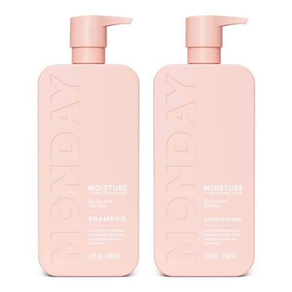 MONDAY HAIRCARE Moisture Shampoo + Conditioner Set (2 Pack) 27oz Each, Dry, Coarse, Stressed, Coily & Curly Hair, Made from Coconut Oil, Rice Protein, Shea Butter, & Vitamin E, 100% Recyclable Bottles