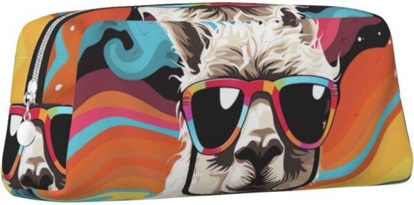 Alpaca wearing sunglasses Makeup Bag for Women Men Pencil Pouch Travel Small Cosmetic Bag Zippered Toiletry Bags Aesthetic Pen Bags Trendy Storage Bags Leather Coin Pouch Purse