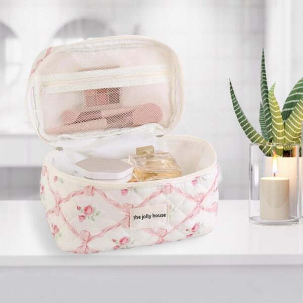 LAKSMI 3PCS Cotton Quilted Floral Makeup Bag Set for Women Girls, Cute Make Up Bags with Brush Pockets, Large Wide-Open Toiletry Pouch Gifts for Toiletries Accessories Travelling Essentials