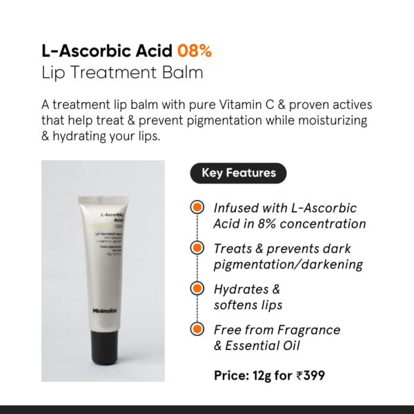 Minimalist Lip Balm for Moisturizing, Softening & Brightening Lips | 8% L-Ascorbic Acid with Vitamin E, Radianskin & Glycerine | For Women & Men | 0.42 Oz / 12 gm