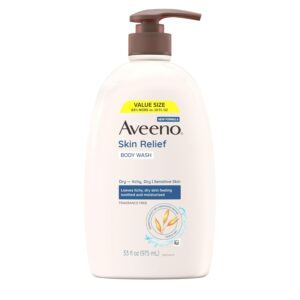 Aveeno Skin Relief Body Wash, Fragrance-Free with Triple Oat Formula, Gentle Daily Cleanser for Sensitive Skin Leaves Itchy, Dry Skin Feeling Soothed & Moisturized, Soap-Free, 33 fl. oz