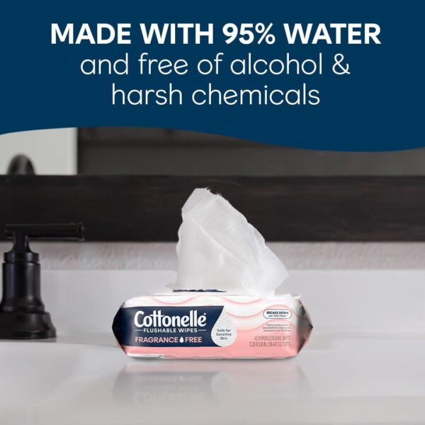 Cottonelle Fragrance Free Flushable Wet Wipes, Adult Wet Wipes, 8 Flip-Top Packs, 42 Wipes Per Pack
