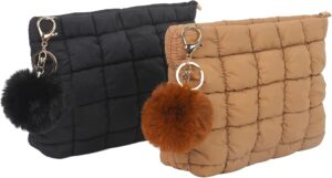 2 Pcs Makeup Bag Travel Cosmetic Bag Makeup Pouch Quilted Bags for Women Toiletry Organizer Pouches (Black+Brown)