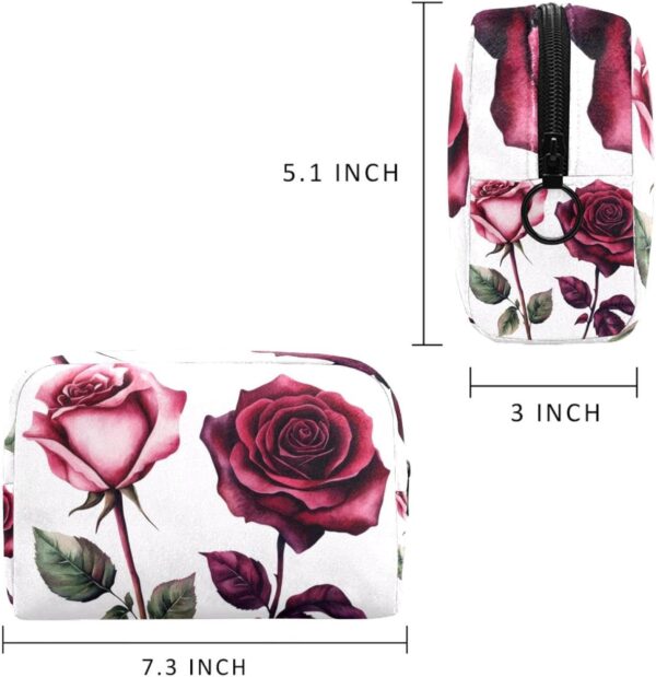 Travel Makeup Bag for Women, Pink and Burgundy Roses on White Background Travel Cosmetic Bag Pencil Case Portable Makeup Pouch Toiletry Bag for Girls