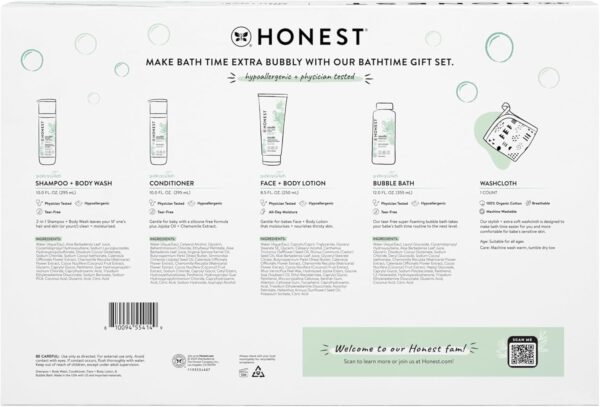 The Honest Company Fragrance Free Bathtime Gift Set | Hypoallergenic Bath Essentials for Sensitive Skin | Shampoo + Body Wash, Face + Body Lotion, Bubble Bath, Conditioner, Wash Cloth