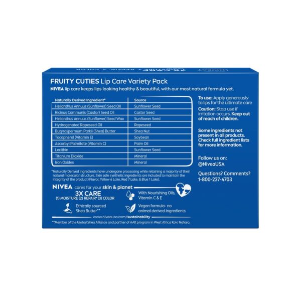 NIVEA Lip Care, Fruity Tinted Lip Balm Variety Pack, Cherry, Strawberry, Blackberry and Watermelon Flavors, 3-in-1 Moisture, Repair and Color, 0.17 Oz Stick, Pack of 4