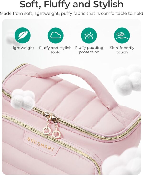 BAGSMART Travel Makeup Bag with Jewelry Organizer, Portable Make Up Bag, Puffy Wide-Opening Cosmetic Storage Pouch for Women’s Toiletries and Travel Essentials (Baby Pink)