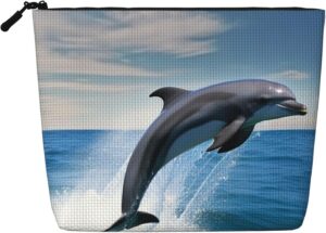 Jumping Up Dolphins Makeup Bag For Women, Waterproof Linen Travel Cosmetic Organizer Lightweight Zipper Travel Toiletry Bag Organizer Makeup Brushes Storage Bag