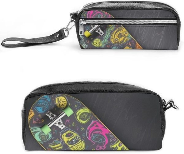 Leather Pencil Cases Graffiti Skateboard Pen Pouch Travel Cosmetic Bag for Purse Portable Makeup Brush Bag Holder Coin Purse for Women Makeup Case Purse Organizer