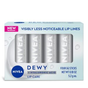 NIVEA Dewy Lip Balm with Hyaluronic Acid, Skin Care Gifts for Mom, Leaves Visibly Less Noticeable Lip Lines and No Waxy Feel, 0.18 Oz, Pack of 4