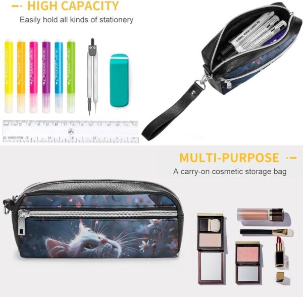 Leather Pencil Cases White Cat in Flowers Pen Pouch Travel Cosmetic Bag for Purse Portable Makeup Brush Bag Holder Coin Purse for Women Makeup Case Organizer