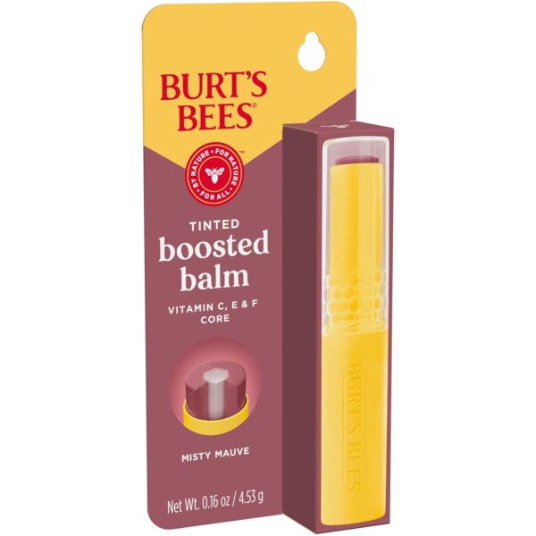 Burt’s Bees Tinted Boosted Balm, Misty Mauve, Hydrating Tinted Lip Balm with Vitamin C, E, and F Core, 24 Hour Lip Moisturizer with Responsibly Sourced Beeswax, 100% Natural Origin, 1 Count, 0.16oz