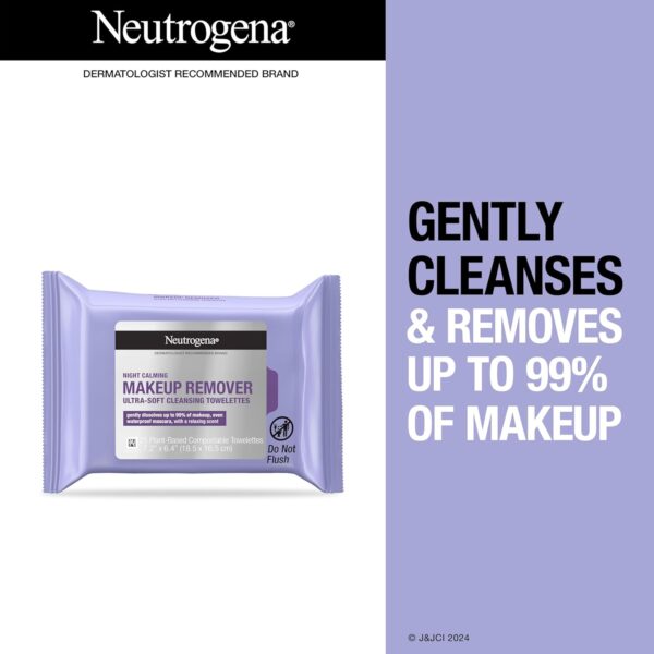 Neutrogena Makeup Remover Night Calming Cleansing Towelettes, Disposable Nighttime Face Wipes to Remove Dirt, Oil & Makeup, 25 ct