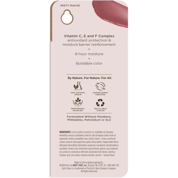 Burt’s Bees Tinted Boosted Balm, Misty Mauve, Hydrating Tinted Lip Balm with Vitamin C, E, and F Core, 24 Hour Lip Moisturizer with Responsibly Sourced Beeswax, 100% Natural Origin, 1 Count, 0.16oz