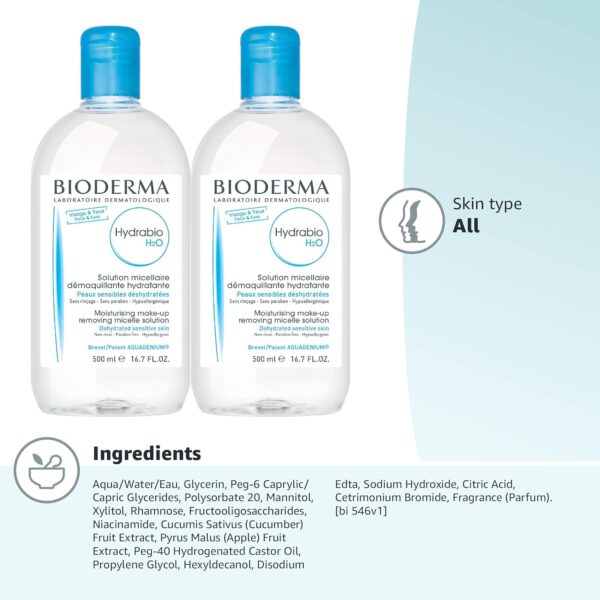 Bioderma - Hydrabio H2O Micellar Water - Face Cleanser and Makeup Remover - Micellar Cleansing Water for Dehydrated Sensitive Skin