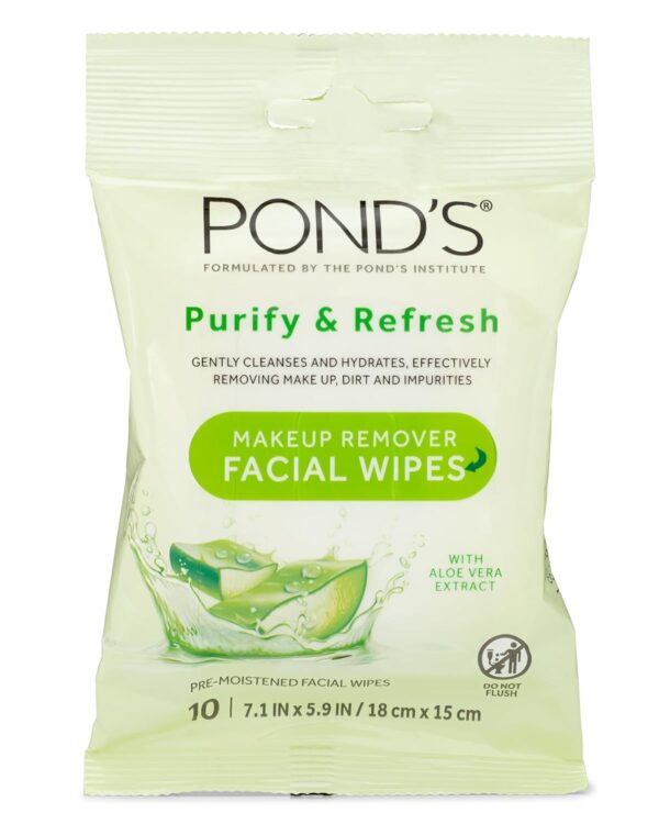 Pond's Purify & Refresh Facial Wipes with Aloe Vera, Makeup Remover, Gently Cleanses and Hydrates, Pre Moistened, 10 Count, 4-Pack (40 Wipes)