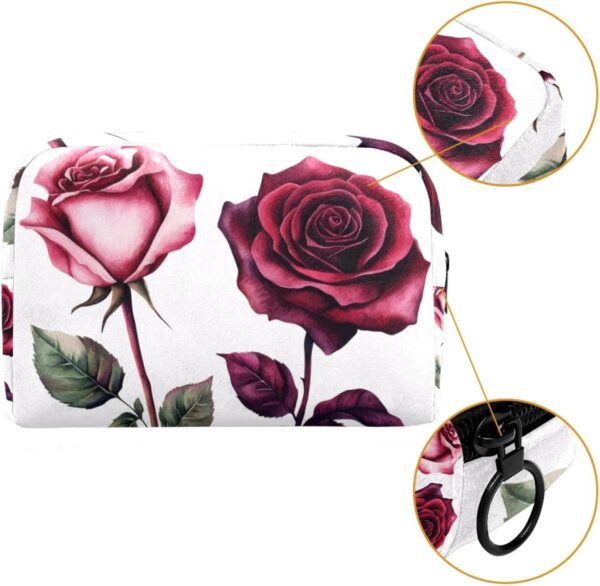 Travel Makeup Bag for Women, Pink and Burgundy Roses on White Background Travel Cosmetic Bag Pencil Case Portable Makeup Pouch Toiletry Bag for Girls